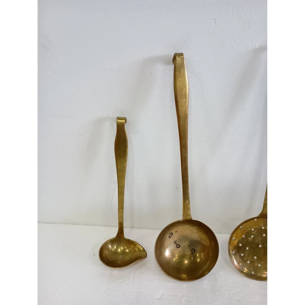 Vintage Brass Kitchen Utensil Set Gold Hanging Decor Ladles Skimmer Spatula
